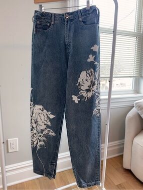 Maniere De Voir Dark Blue Straight Leg Jeans with White Floral Print